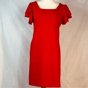 She + Sky Amelia Ruffle Dress Red Sheath Flutter Cap Sleeves Square Neck EUC L👍